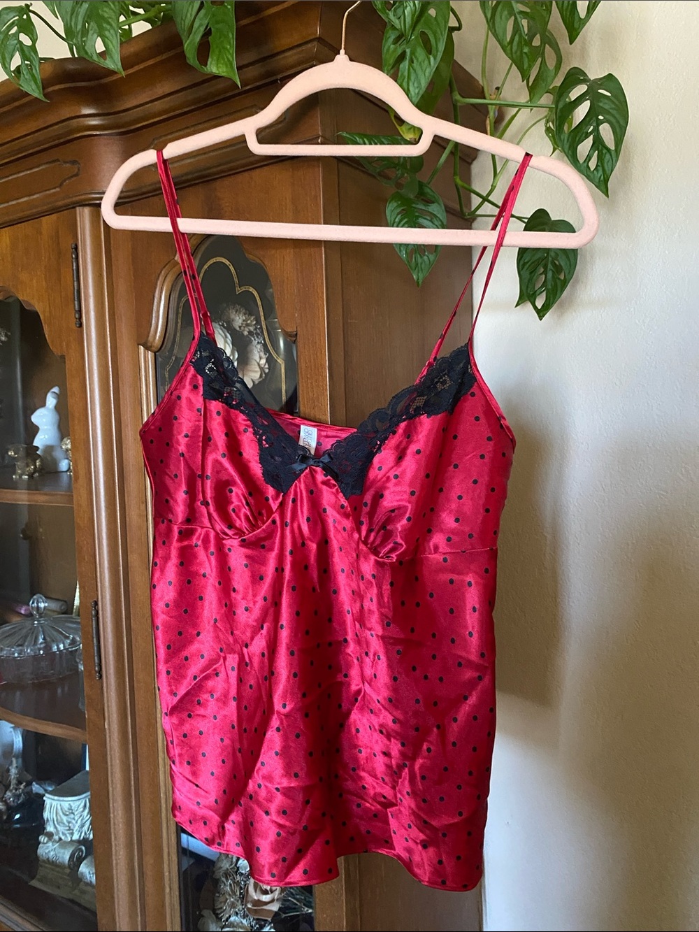 Gilligan & O'Malley Red Satin Polka Dot Lace-Trim Chemise